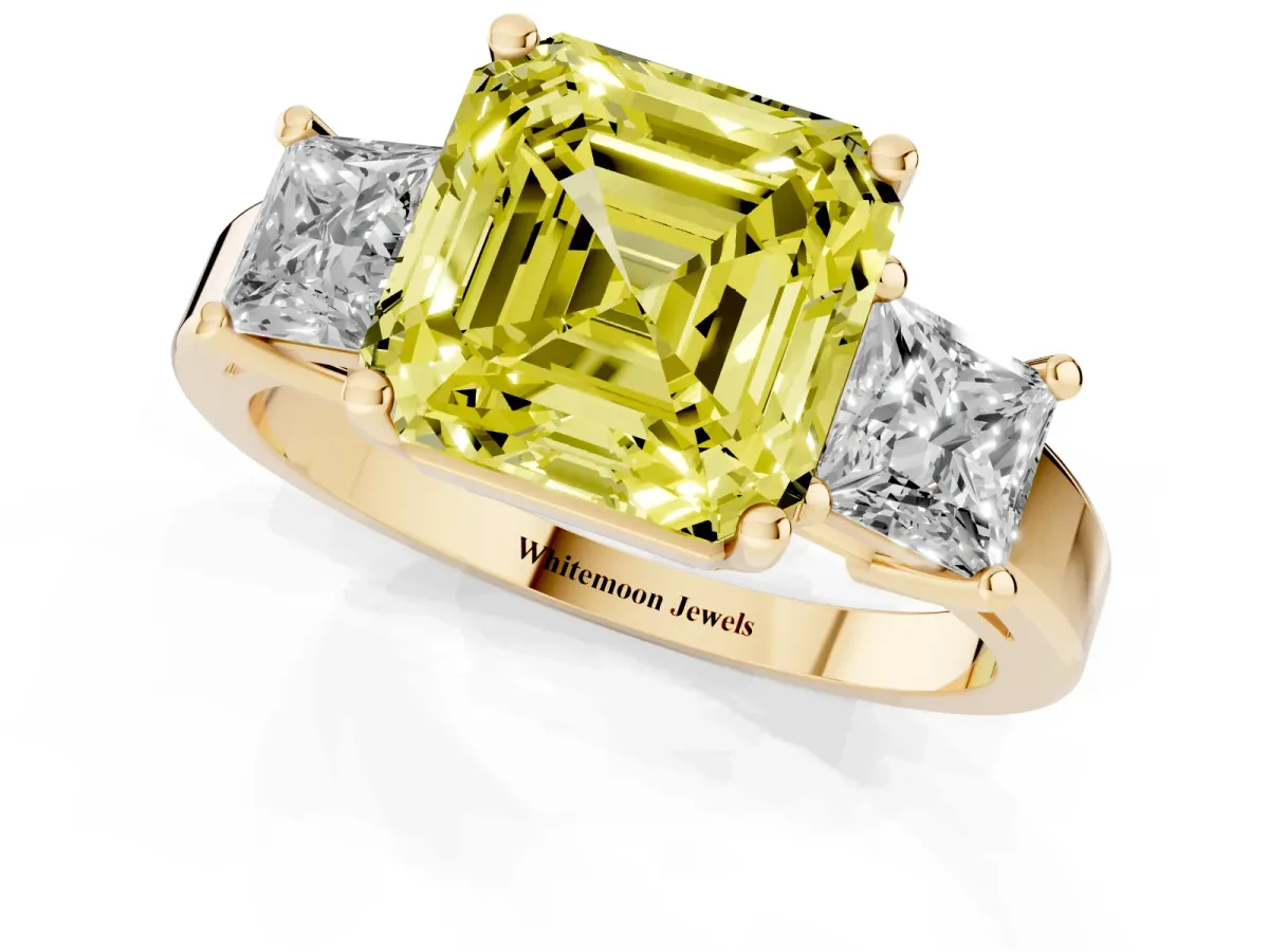 Fancy Yellow Three-Stone Asscher Cut Cut Solitaire Ring with Prong Setting Yellow gold