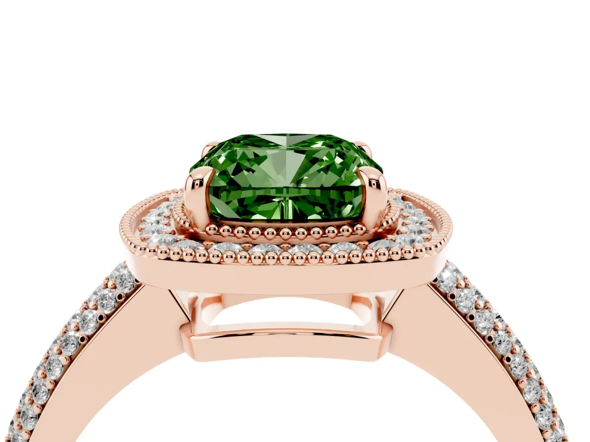 Fancy Green Cushion Cut Cut Halo Diamond Pave Band with Four-Prong Setting Rose gold
