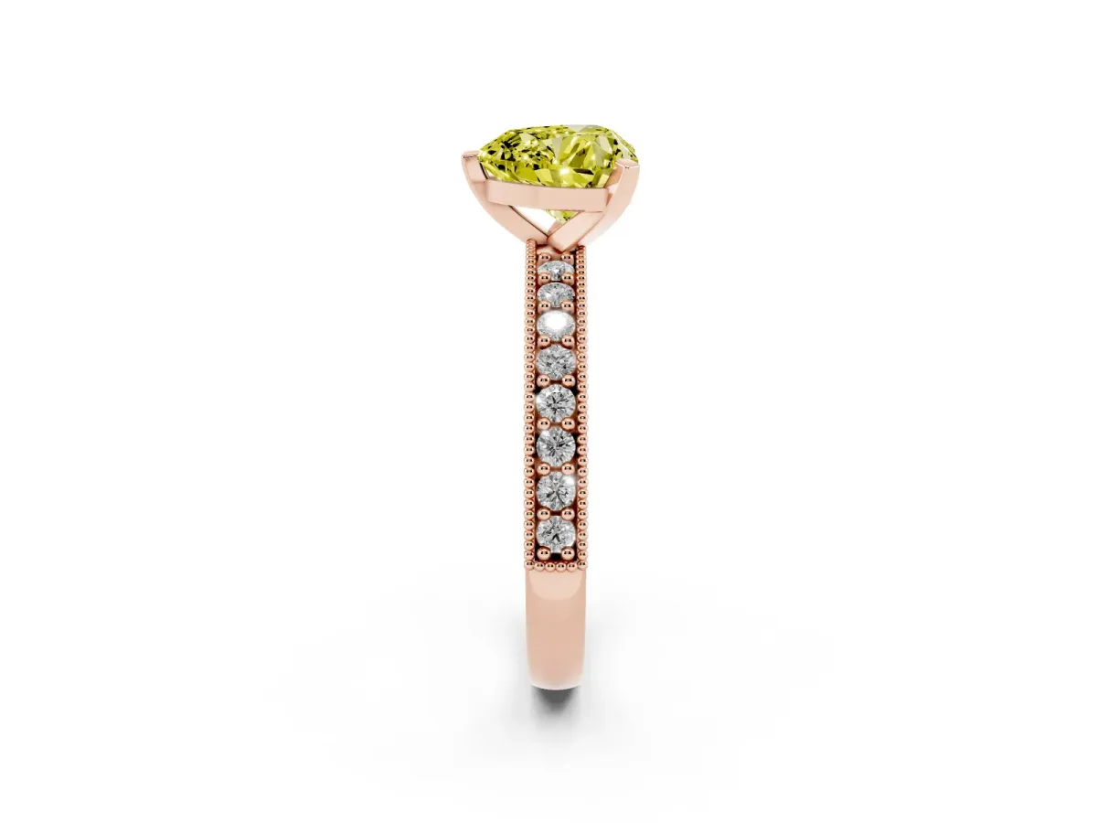 Fancy Yellow Heart Cut Diamond Milgrain Pavé Engagement Ring with Four-Prong Setting Rose gold