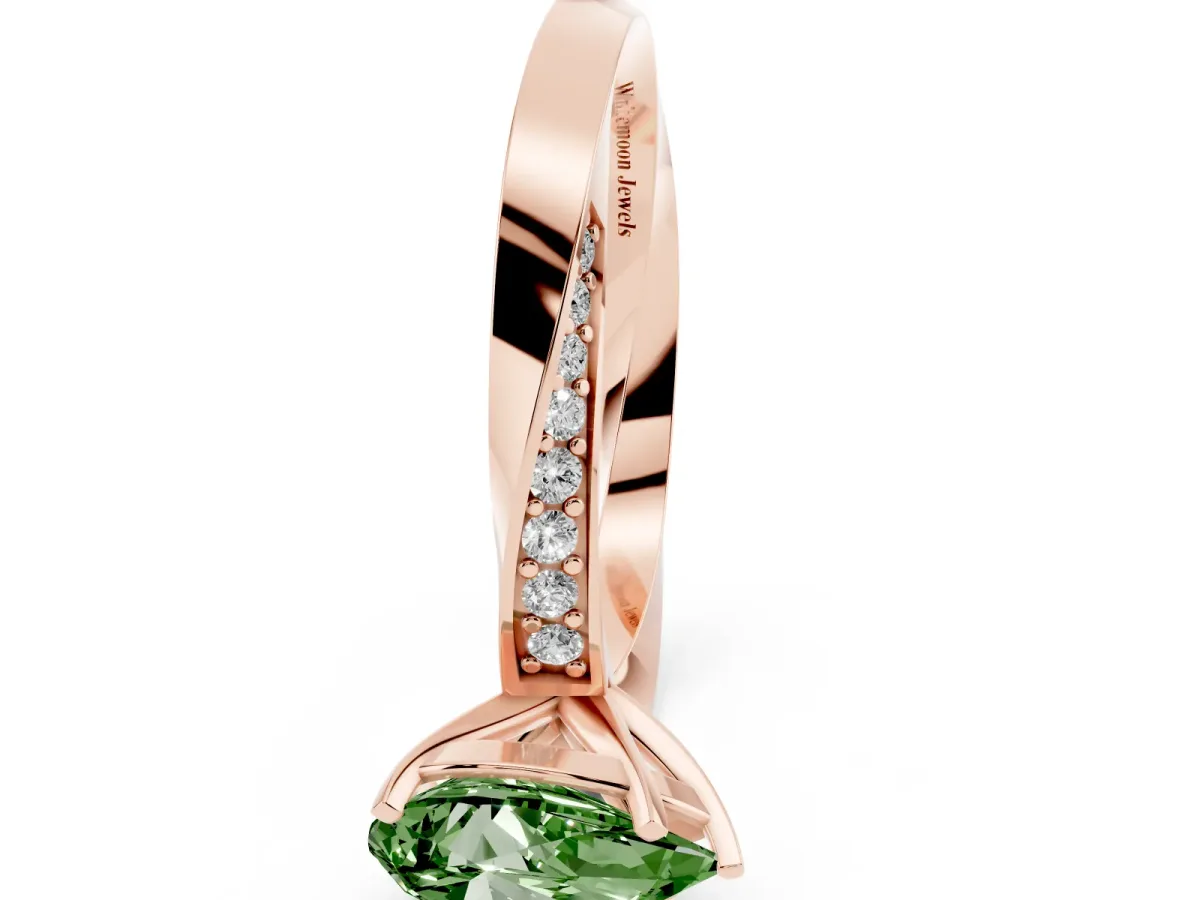 Fancy Green Pear Cut Diamond Engagement Ring with Side Stone Accents and Four-Prong Setting Rose gold