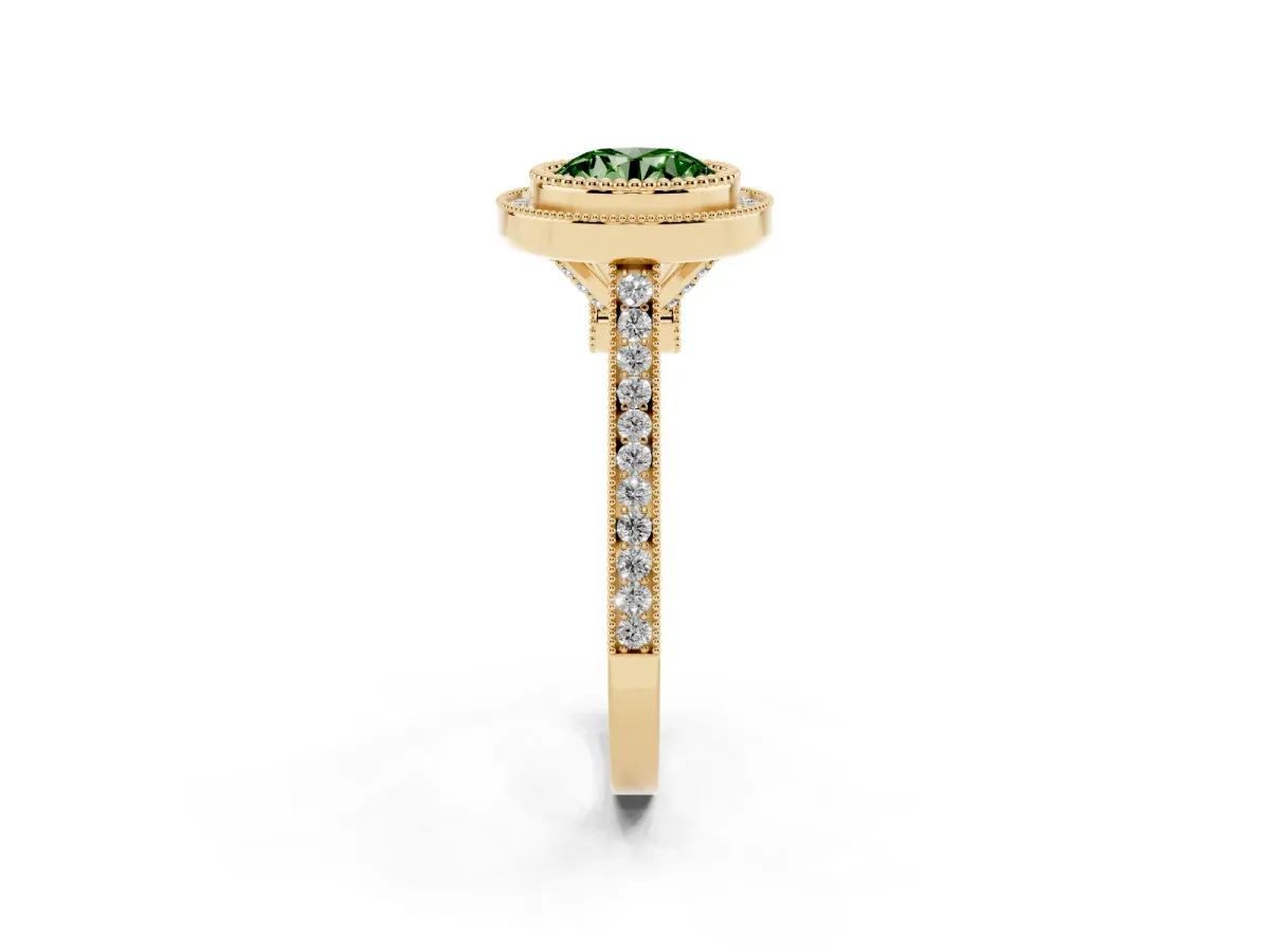 Fancy Green Round Cut Diamond Halo Ring with Milgrain Frame and Pavé Band Yellow gold