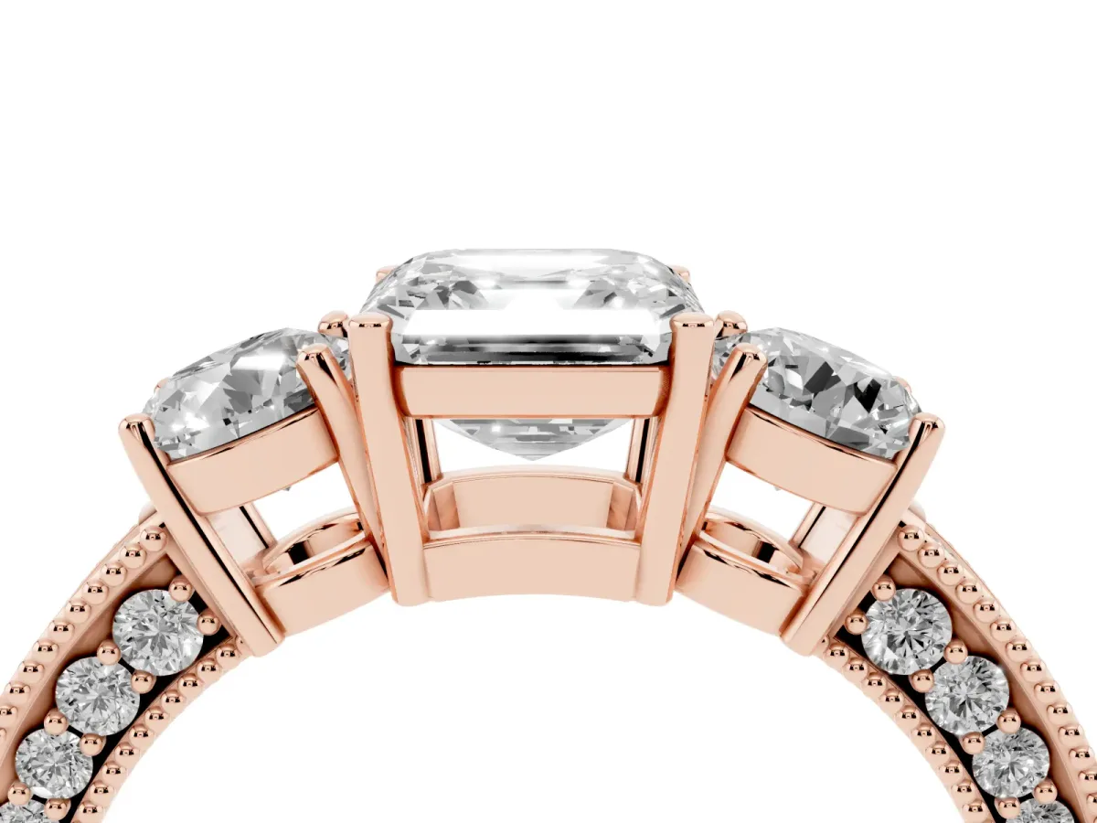 Asscher Cut Three-Stone Diamond Ring with Pavé Band and Four-Prong Setting Rose gold