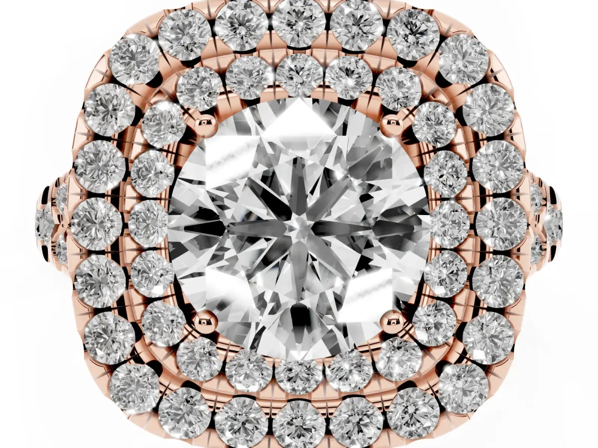 Double Halo Round Cut Diamond Pavé Split Shank Ring with Prong Setting Rose gold
