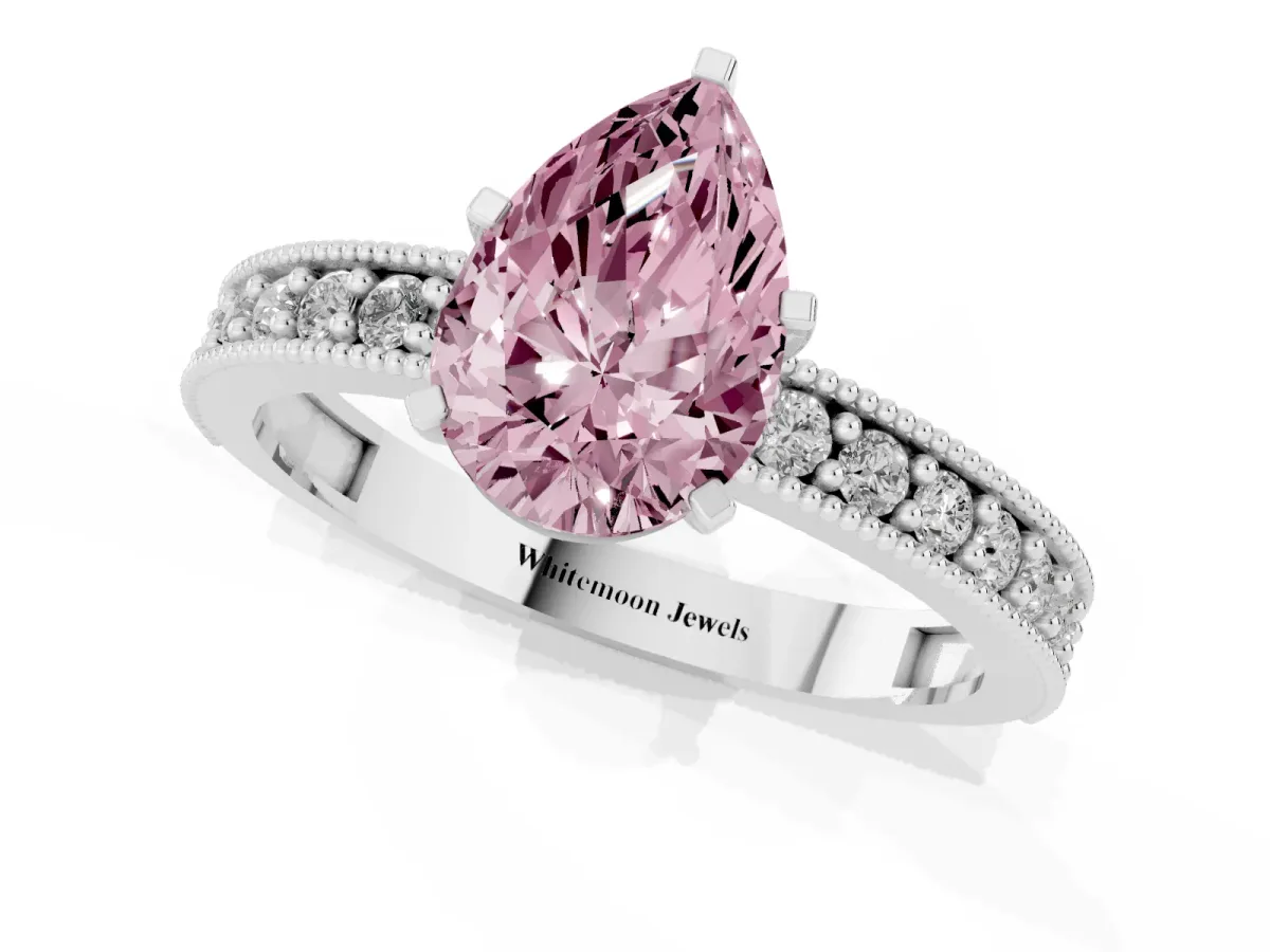 Fancy Pink Pear Cut Diamond Milgrain Pavé Engagement Ring with Four-Prong Setting Silver