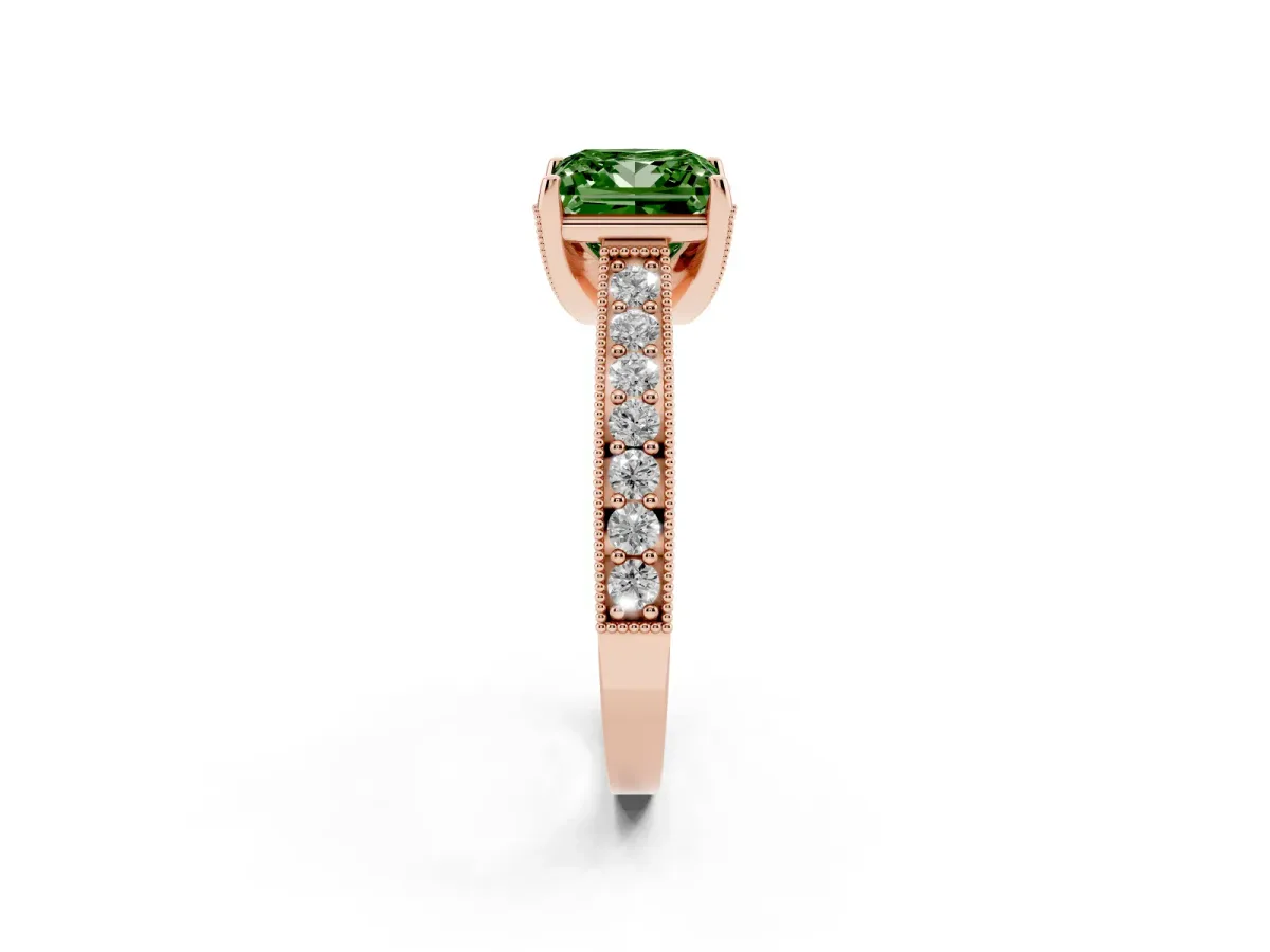 Fancy Green Princess Cut Cut Diamond Solitaire Ring with Milgrain Pave Band and Four Prong Setting Rose gold