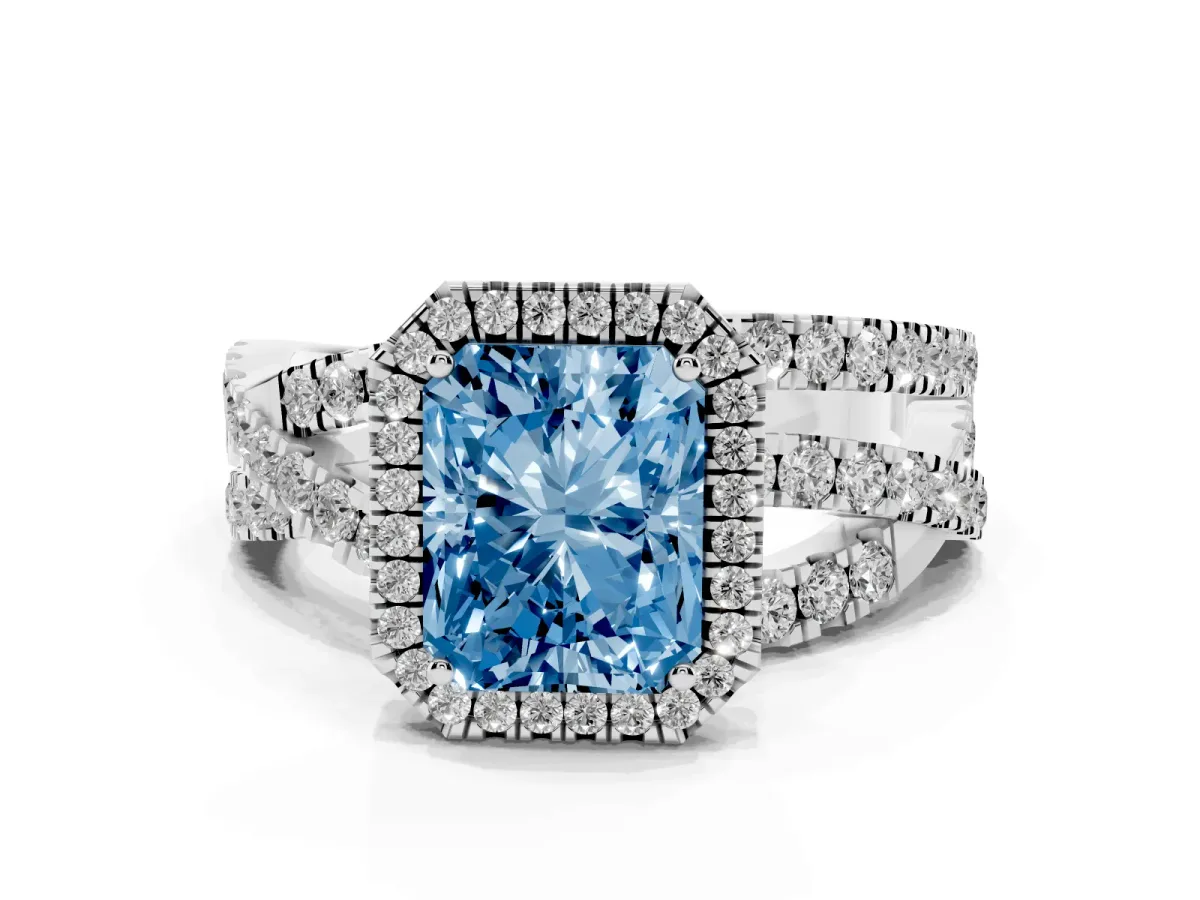 Fancy Blue Radiant Cut Diamond Halo Ring with Round Split Shank and Prong Setting Platinum