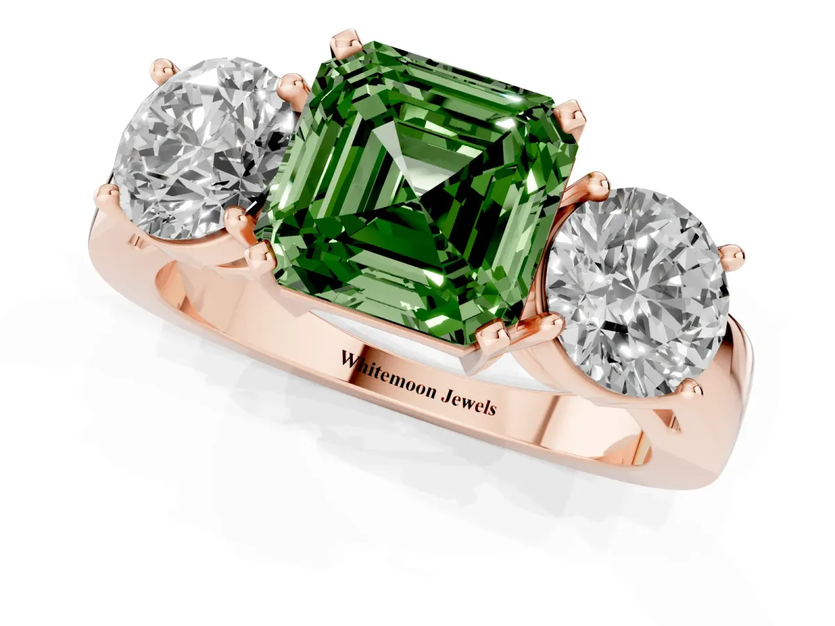 Fancy Green Three-Stone Asscher Cut Diamond Ring with Round Side Stones, Classic Band, and Four-Prong Setting Rose gold