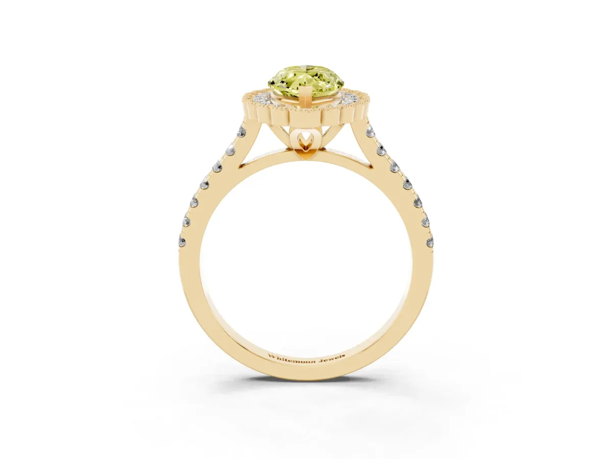 Fancy Yellow Marquise Cut Cut Diamond Milgrain Floral Halo Engagement Ring with Pavé Band Yellow gold