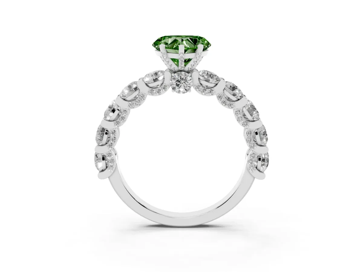 Fancy Green Heart Cut Diamond Side Stone Engagement Ring with Four-Prong Setting Silver