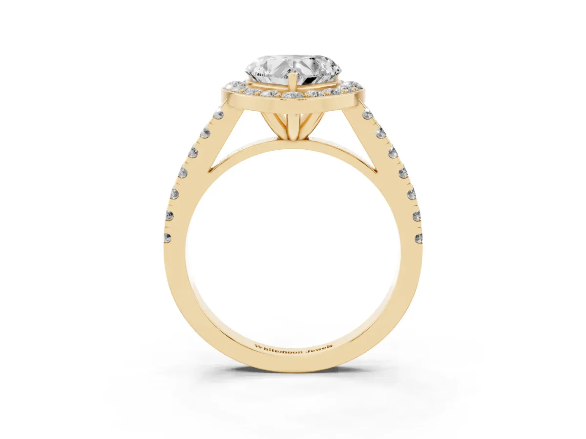 Heart Cut Diamond Halo Ring with Round Pavé Split Shank and Prong Setting Yellow gold