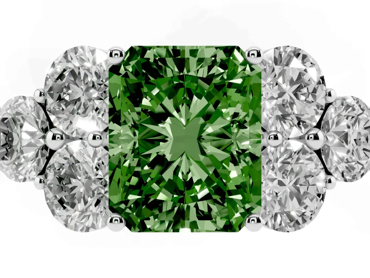 Fancy Green Radiant Cut Cut Diamond Cluster Ring with Round Accent Stones and Prong Setting on a Classic Band Silver