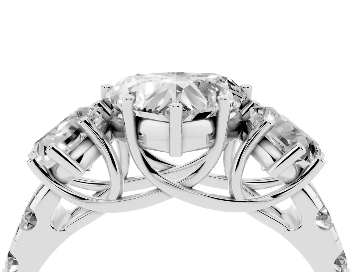 Three-Stone Heart Cut Diamond Pavé Band with Prong Setting Platinum