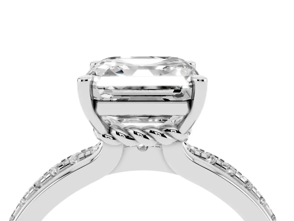 Asscher Cut Solitaire Diamond Ring with Channel Set Band and Six-Prong Setting Silver