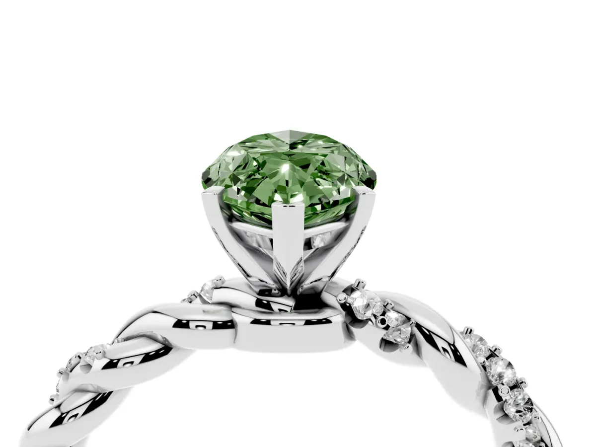 Fancy Green Marquise Cut Diamond Solitaire Ring with Twisted Band and Pavé Accents Silver