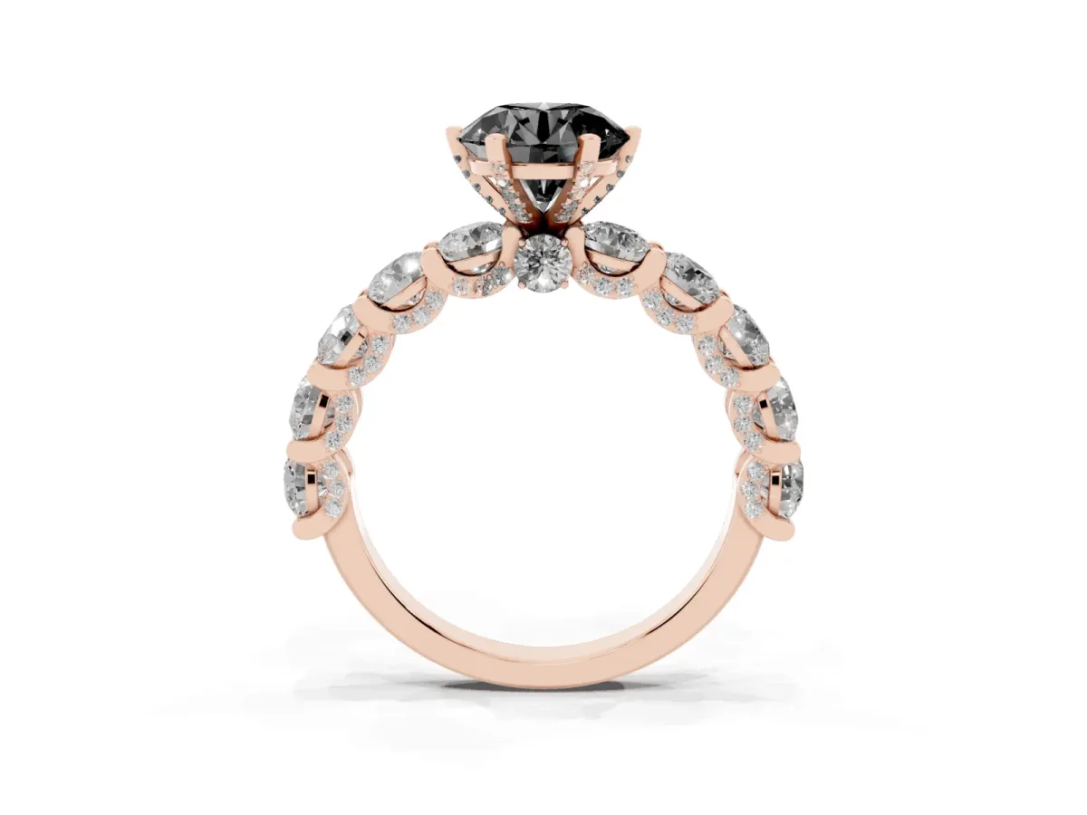 Fancy Black Round Cut Diamond Side Stone Engagement Ring with Four-Prong Setting Rose gold