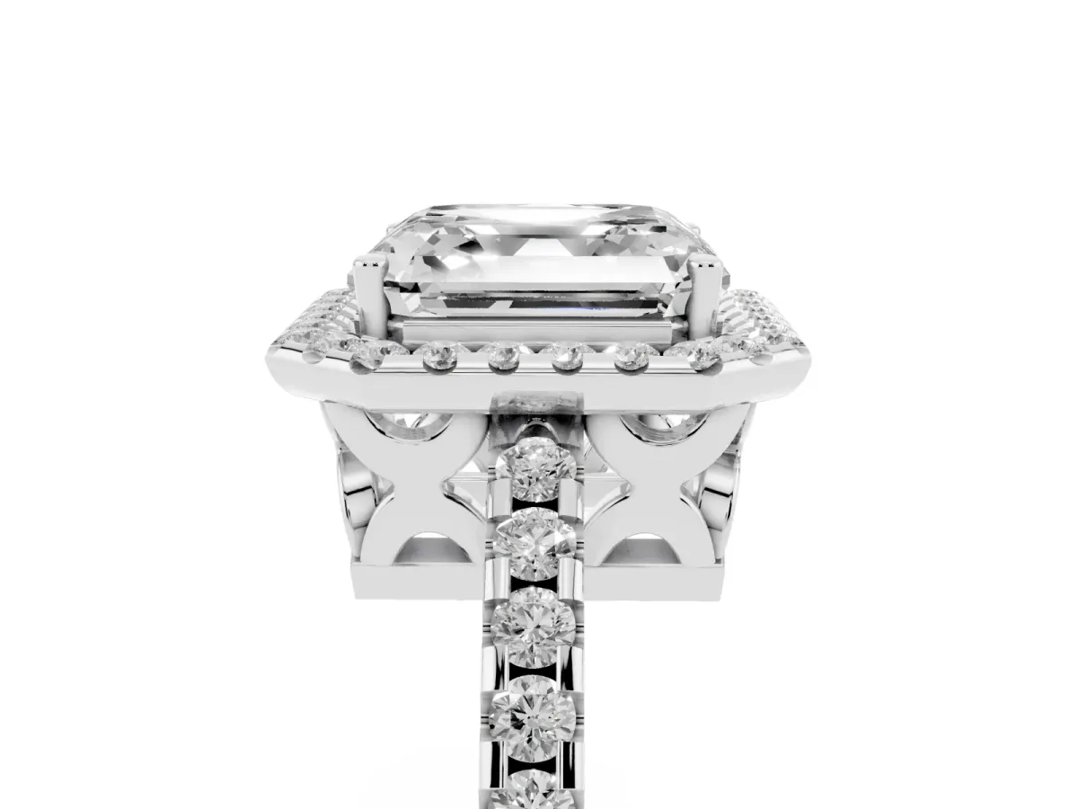 Asscher Cut Diamond Halo Engagement Ring with Pavé Band and Prong Setting Silver