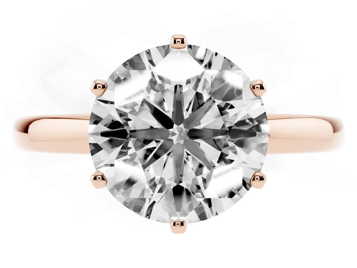 Round Cut Solitaire Diamond Ring with Six-Prong Setting on a Classic Band Rose gold