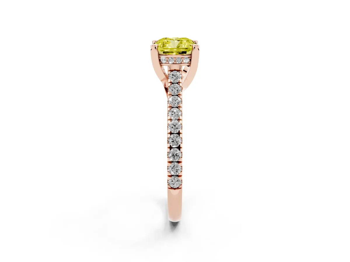 Fancy Yellow Cushion Cut Brilliant Diamond Solitaire with Pavé Band and Four-Prong Setting Rose gold