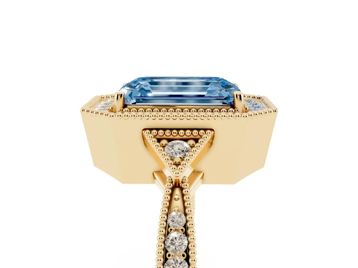 Fancy Blue Emerald Cut Halo Round Diamond Milgrain Pave Engagement Ring Yellow gold