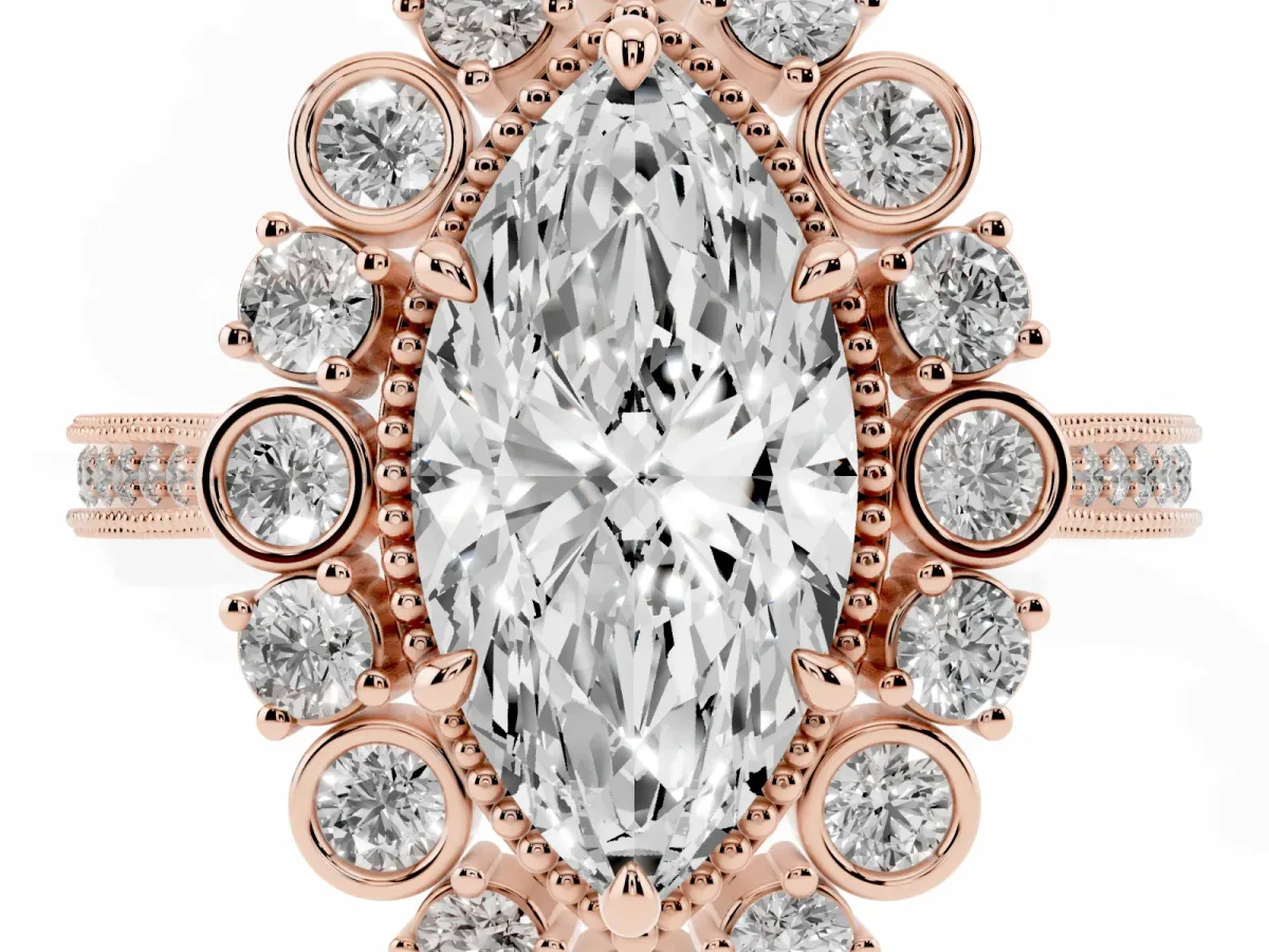 Marquise Cut Halo Milgrain Pave Diamond Ring with Four-Prong Setting Rose gold