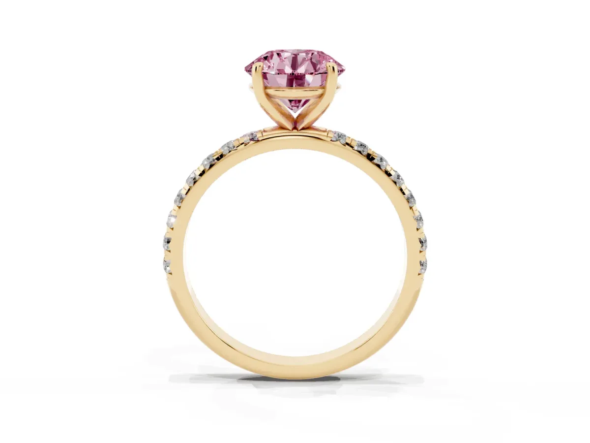 Fancy Pink Round Cut Cut Diamond Solitaire Ring with Micro Pave Band and Four Prong Setting Yellow gold