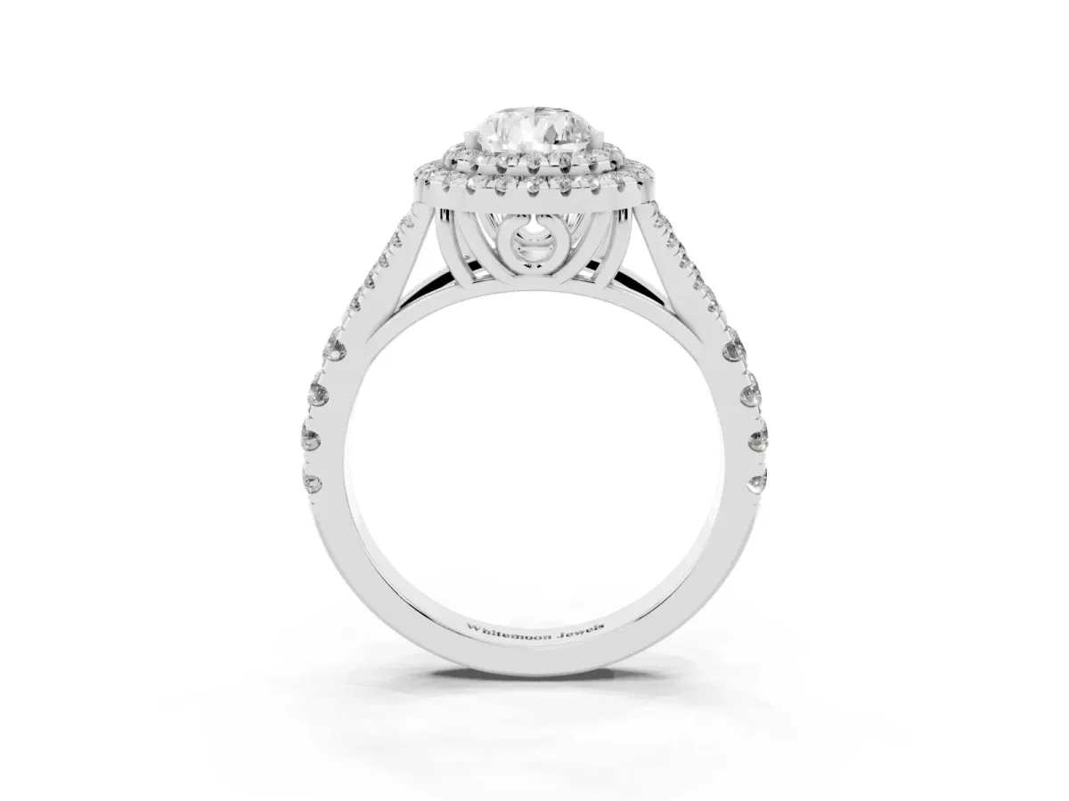 Pear Cut Cut Double Halo Split Shank Diamond Ring with Prong Setting Silver