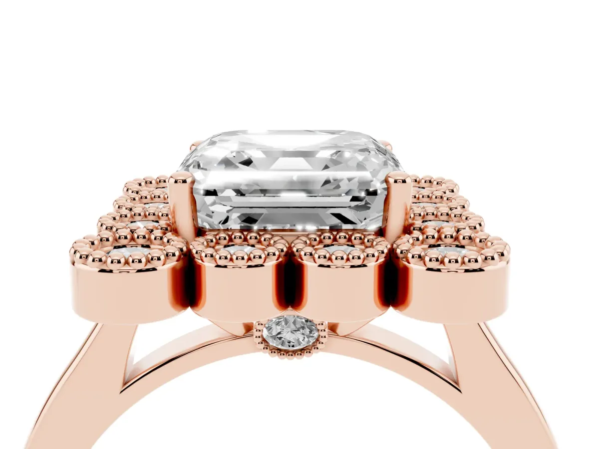 Asscher Cut Halo Diamond Cluster Engagement Ring with Milgrain Bezel Setting and Solitaire Band Rose gold