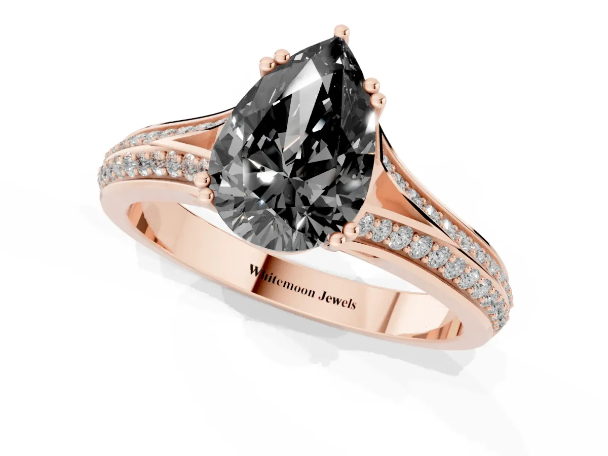 Fancy Black Pear Cut Diamond Split Shank Engagement Ring with Pavé Band Rose gold
