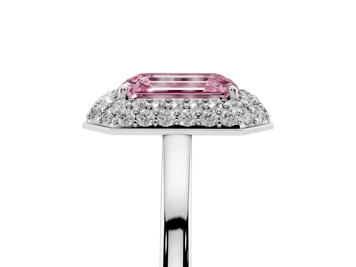 Fancy Pink Emerald Cut Halo Diamond Engagement Ring with Solitaire Band and Four-Prong Setting Silver