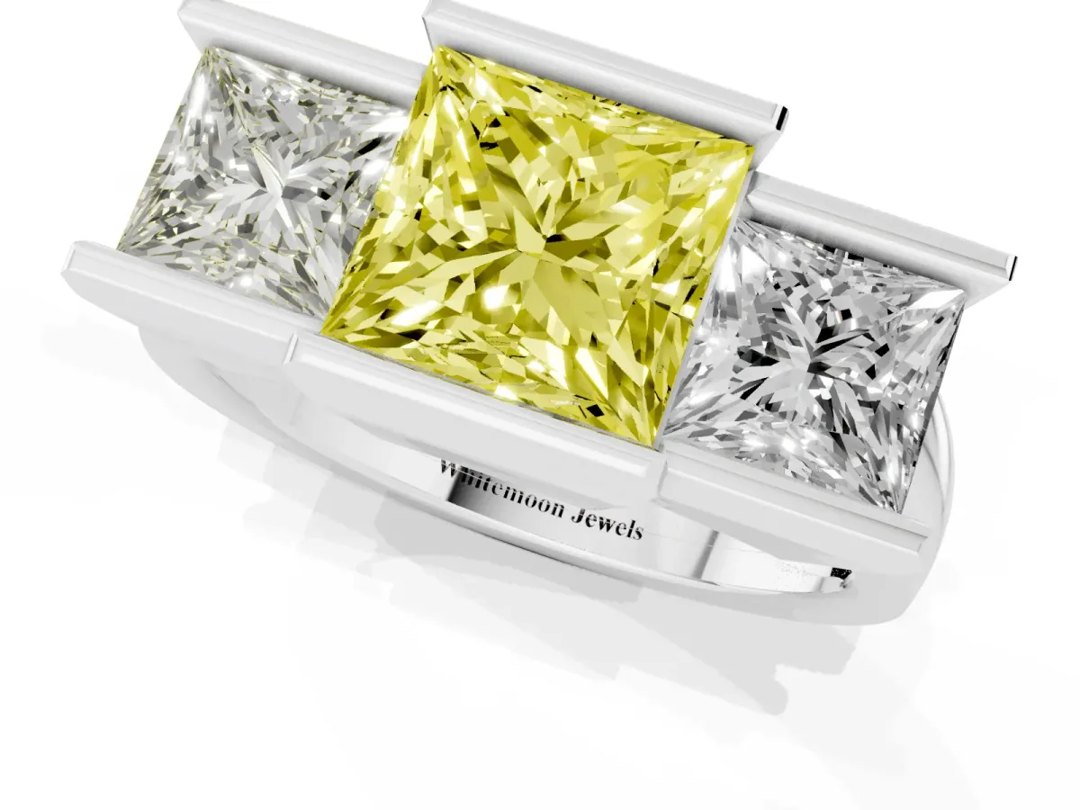 Fancy Yellow Three Stone Princess Cut Cut Channel Set Diamond Ring Silver