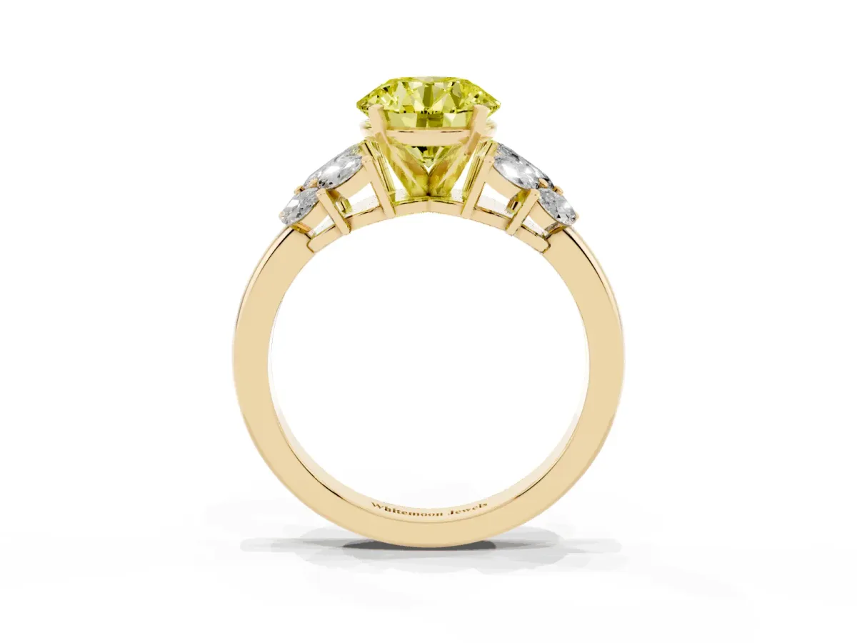 Fancy Yellow Round Cut Diamond Cluster Leaf Design Ring with Prong Setting Yellow gold