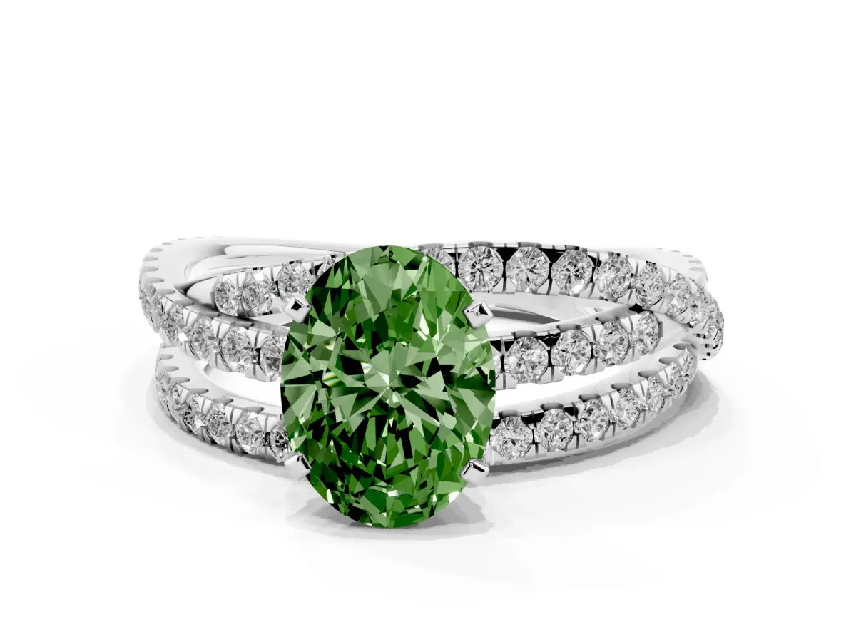 Fancy Green Oval Cut Solitaire Twist Band with Pavé Setting and Four-Prong Setting Silver