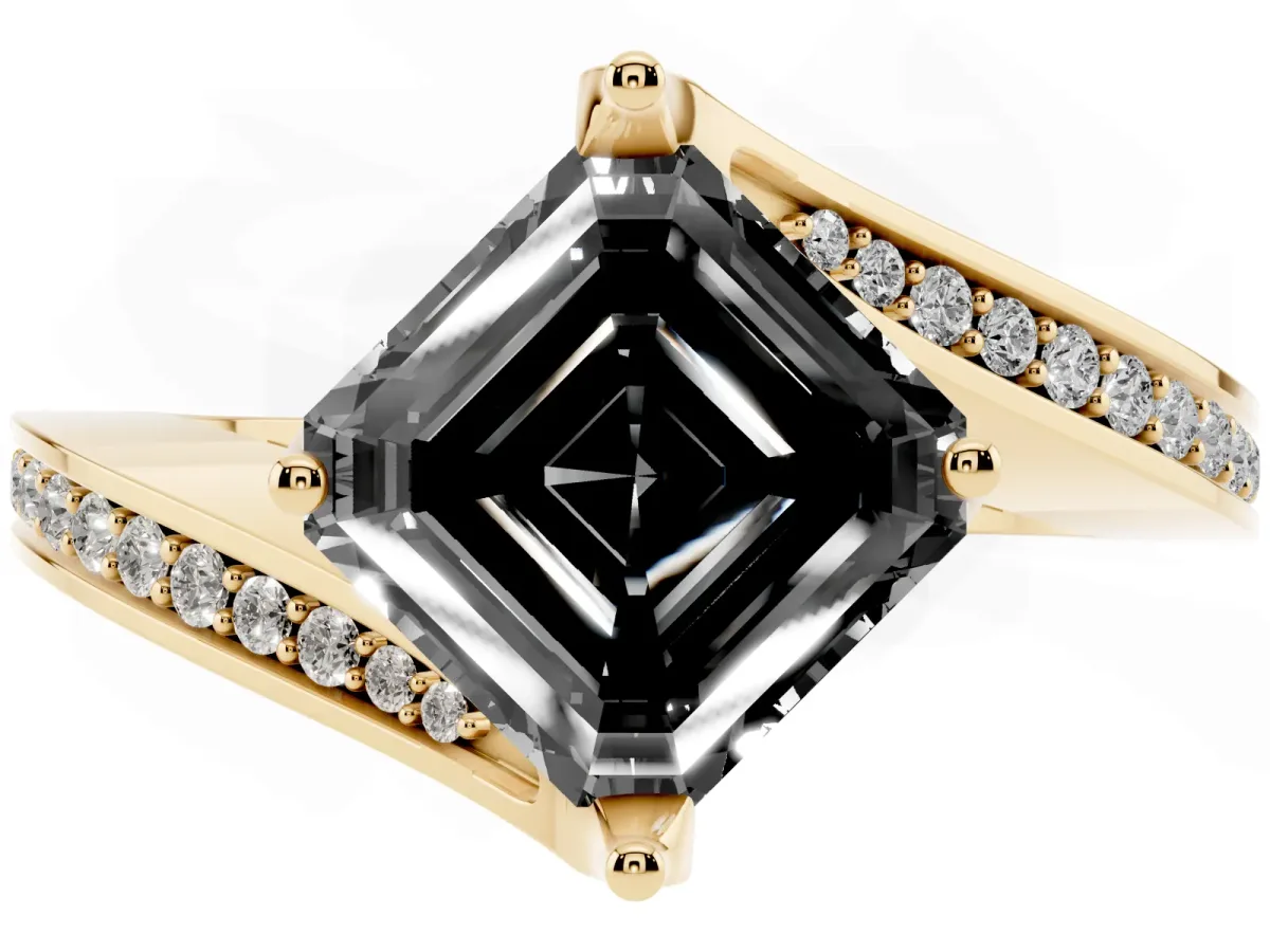 Fancy Black Asscher Cut Solitaire Diamond Twist Band with Pavé Setting and Four-Prong Setting Yellow gold