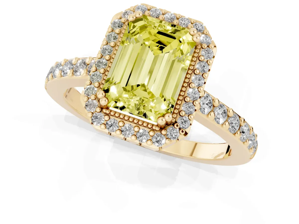 Fancy Yellow Emerald Cut Cut Diamond Halo Engagement Ring with Milgrain Detail and Pavé Band Yellow gold