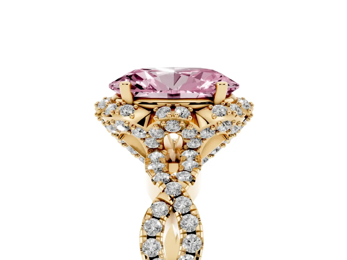 Fancy Pink Oval Cut Halo Twist Band Solitaire Ring with Six-Prong Setting Yellow gold