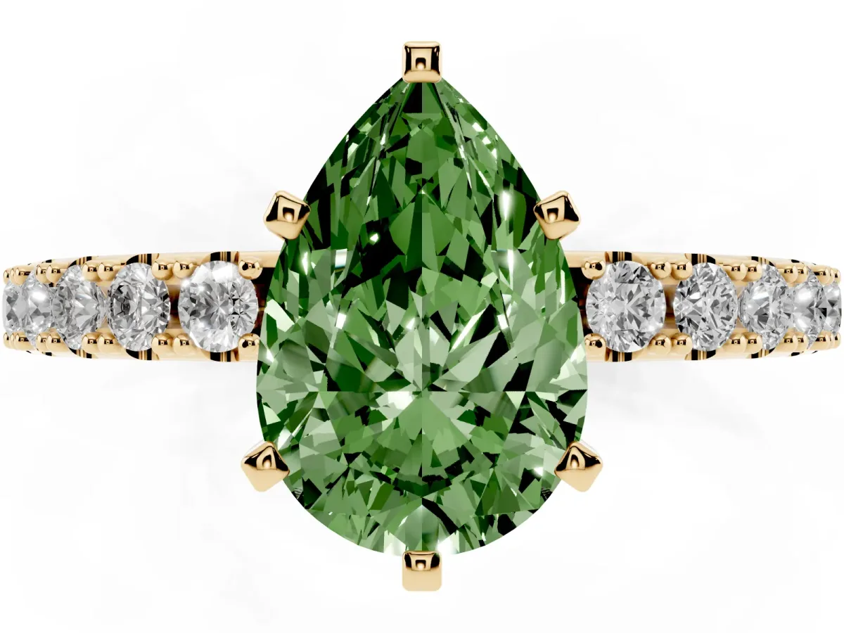 Fancy Green Pear Cut Diamond Solitaire Pavé Band with Four-Prong Setting Yellow gold