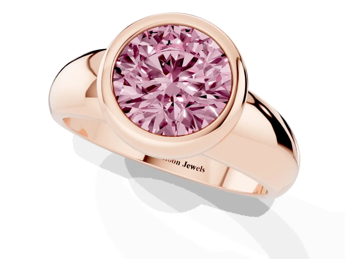 Fancy Pink Bezel Set Round Cut Solitaire Ring with Wide Band Rose gold