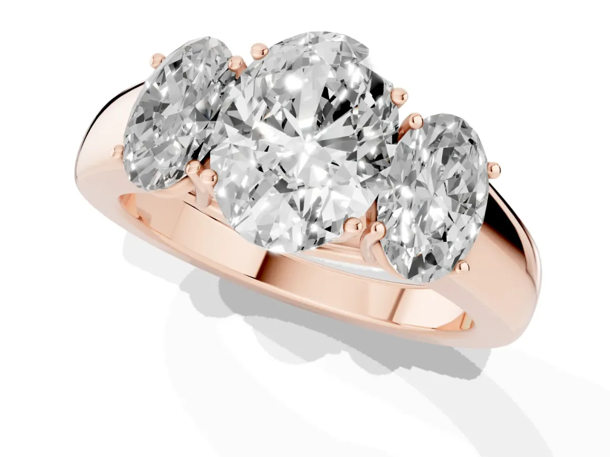 Three-Stone Oval Cut Cut Diamond Ring with Prong Setting and Classic Band Rose gold