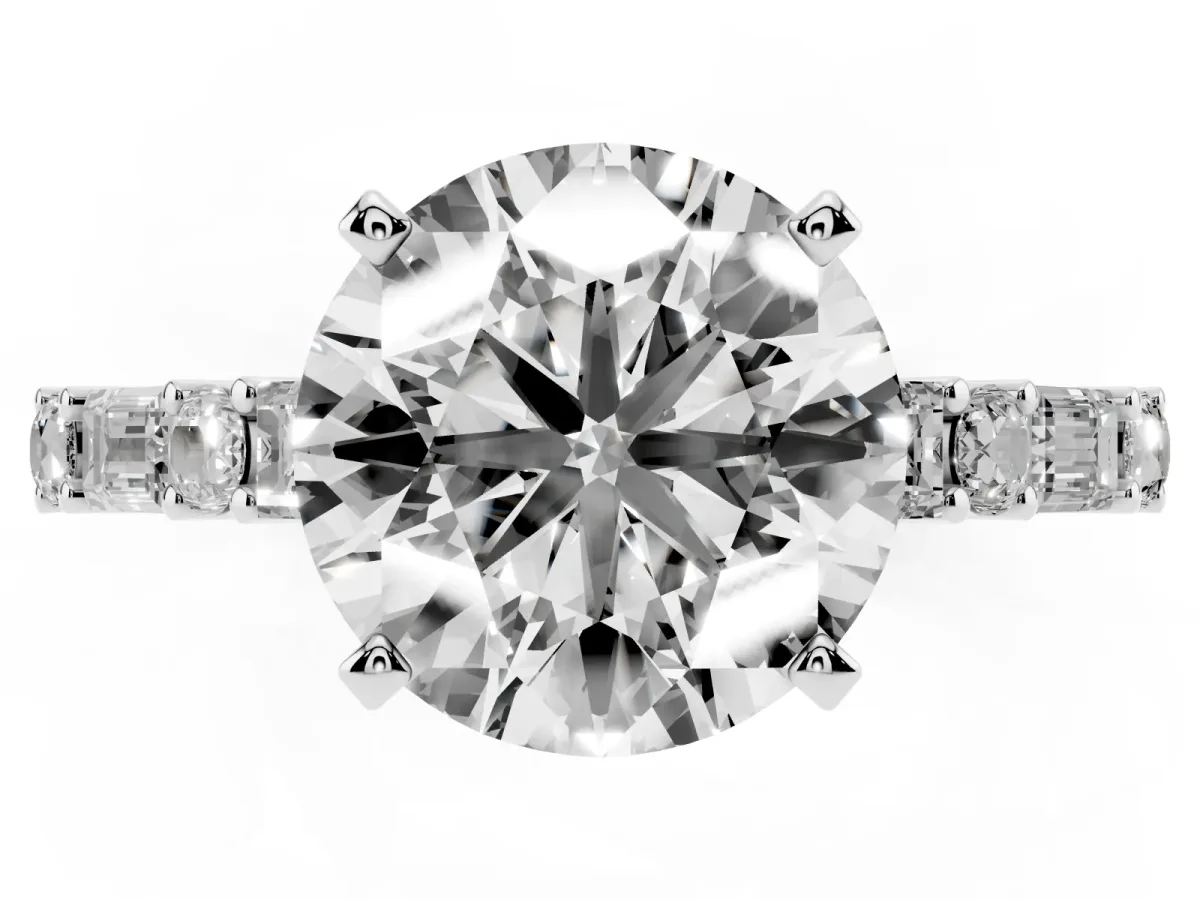 Round Cut Diamond Solitaire with Side Baguettes and Channel Set Band Silver