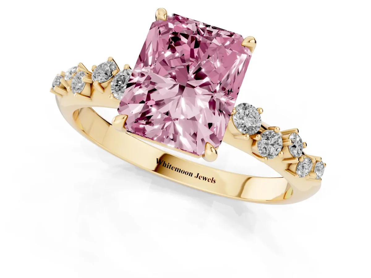 Fancy Pink Radiant Cut Diamond Cluster Side Stone Solitaire Ring with Prong Setting Yellow gold