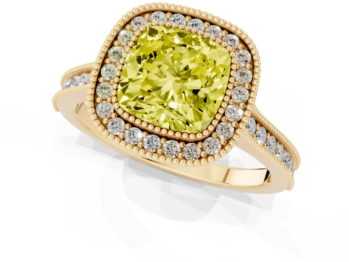 Fancy Yellow Halo Cushion Cut-Cut Diamond Pave Band Milgrain Prong Setting Ring Yellow gold