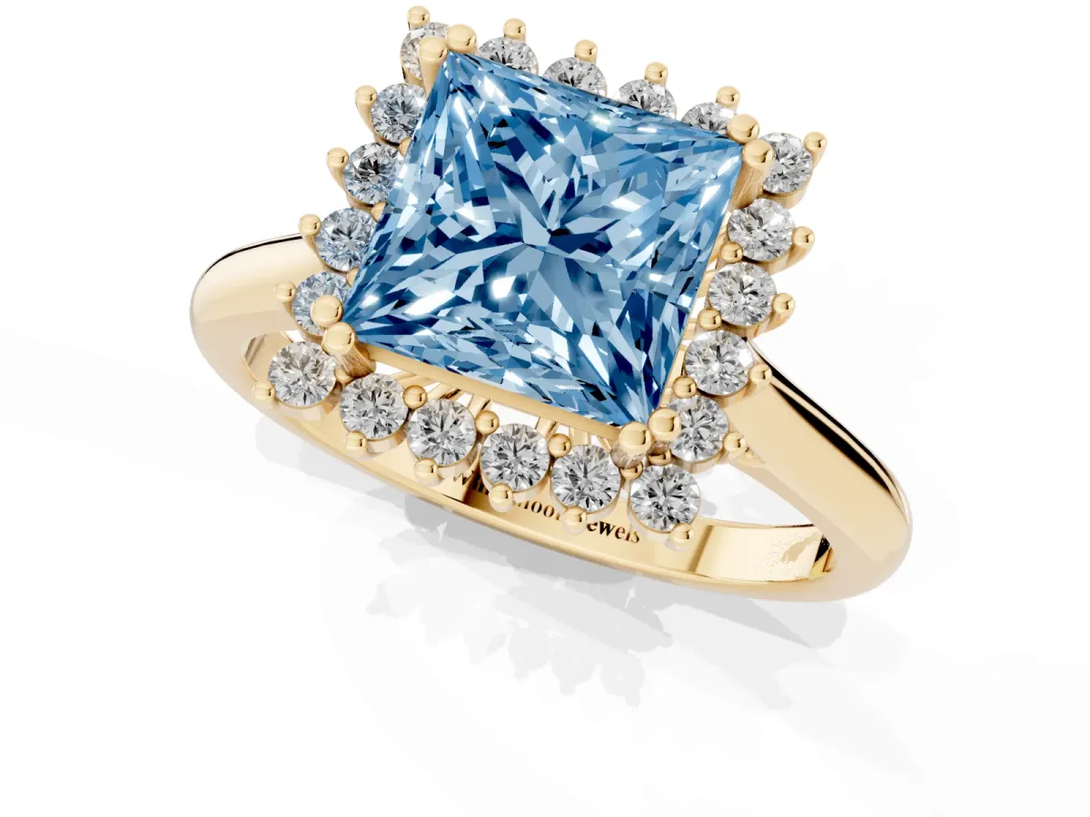 Fancy Blue Princess Cut Cut Diamond Halo Ring with Solitaire Band and Prong Setting Yellow gold