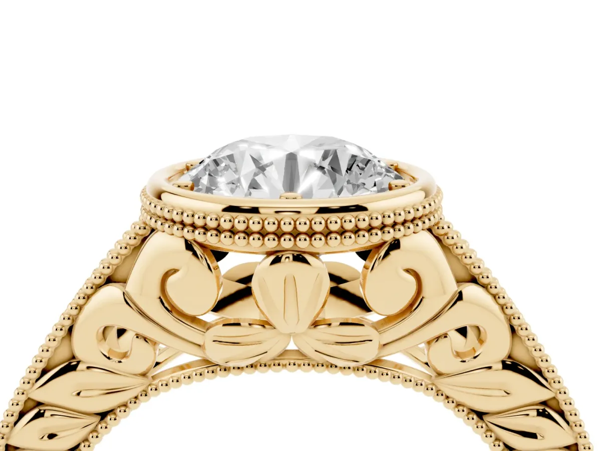 Bezel Set Round Cut Diamond Milgrain Pave Engagement Ring Yellow gold