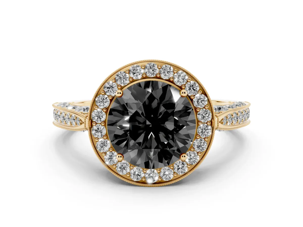 Fancy Black Round Cut Halo Diamond Engagement Ring with Split Shank Band and Four-Prong Setting Yellow gold