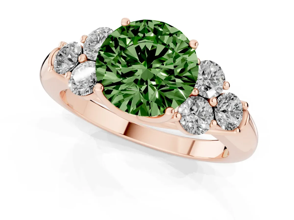 Fancy Green Round Cut Cut Diamond Cluster Ring with Round Accent Stones and Prong Setting on a Classic Band Rose gold