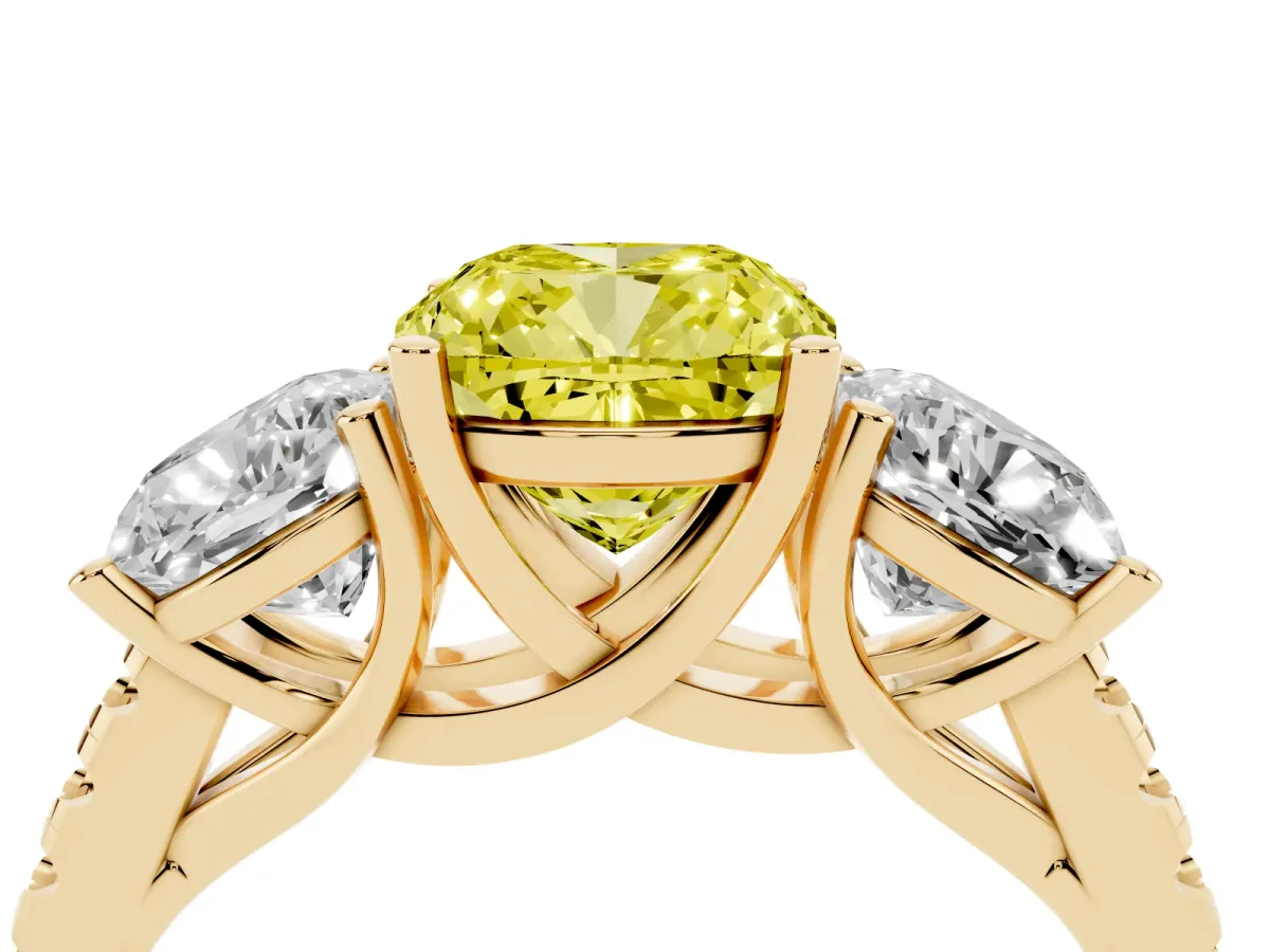 Fancy Yellow Three-Stone Cushion Cut Diamond Ring with Round Pavé Band and Prong Setting Yellow gold