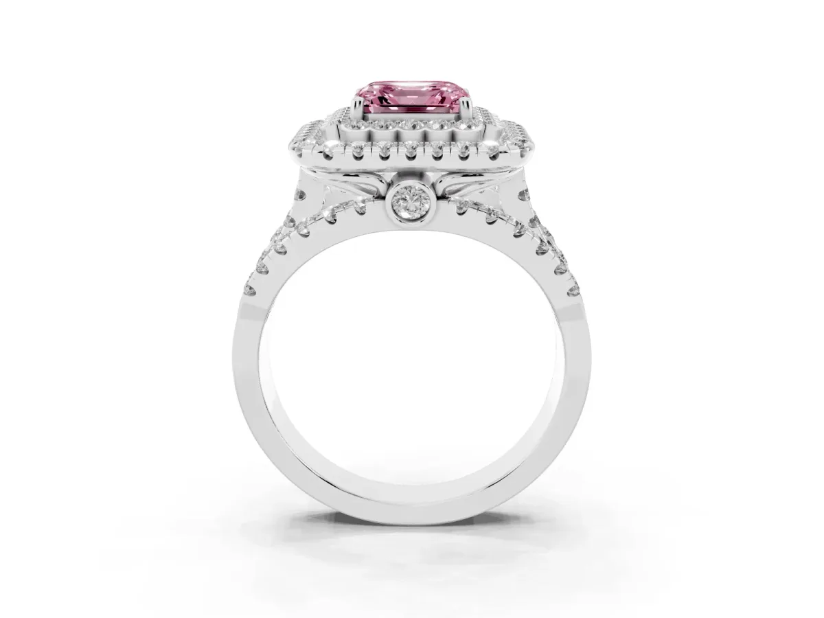 Fancy Pink Asscher Cut Diamond Double Halo Ring with Round Pavé Split Shank and Prong Setting Silver