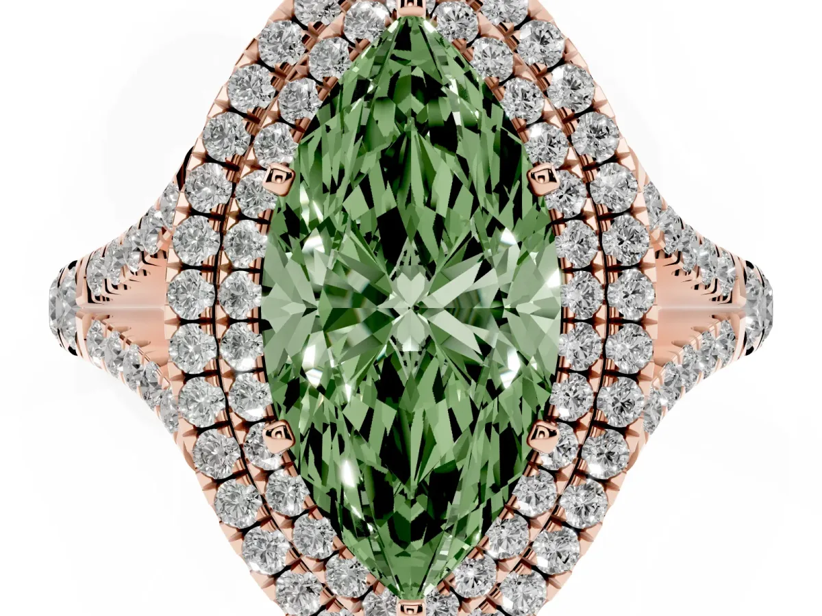 Fancy Green Marquise Cut Diamond Pavé Split Shank Double Halo Engagement Ring Rose gold