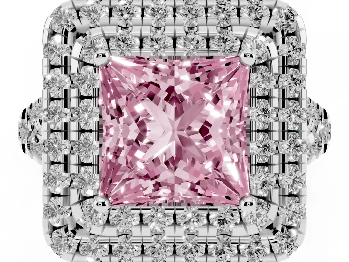 Fancy Pink Double Halo Princess Cut Diamond Pavé Split Shank Ring with Prong Setting Platinum