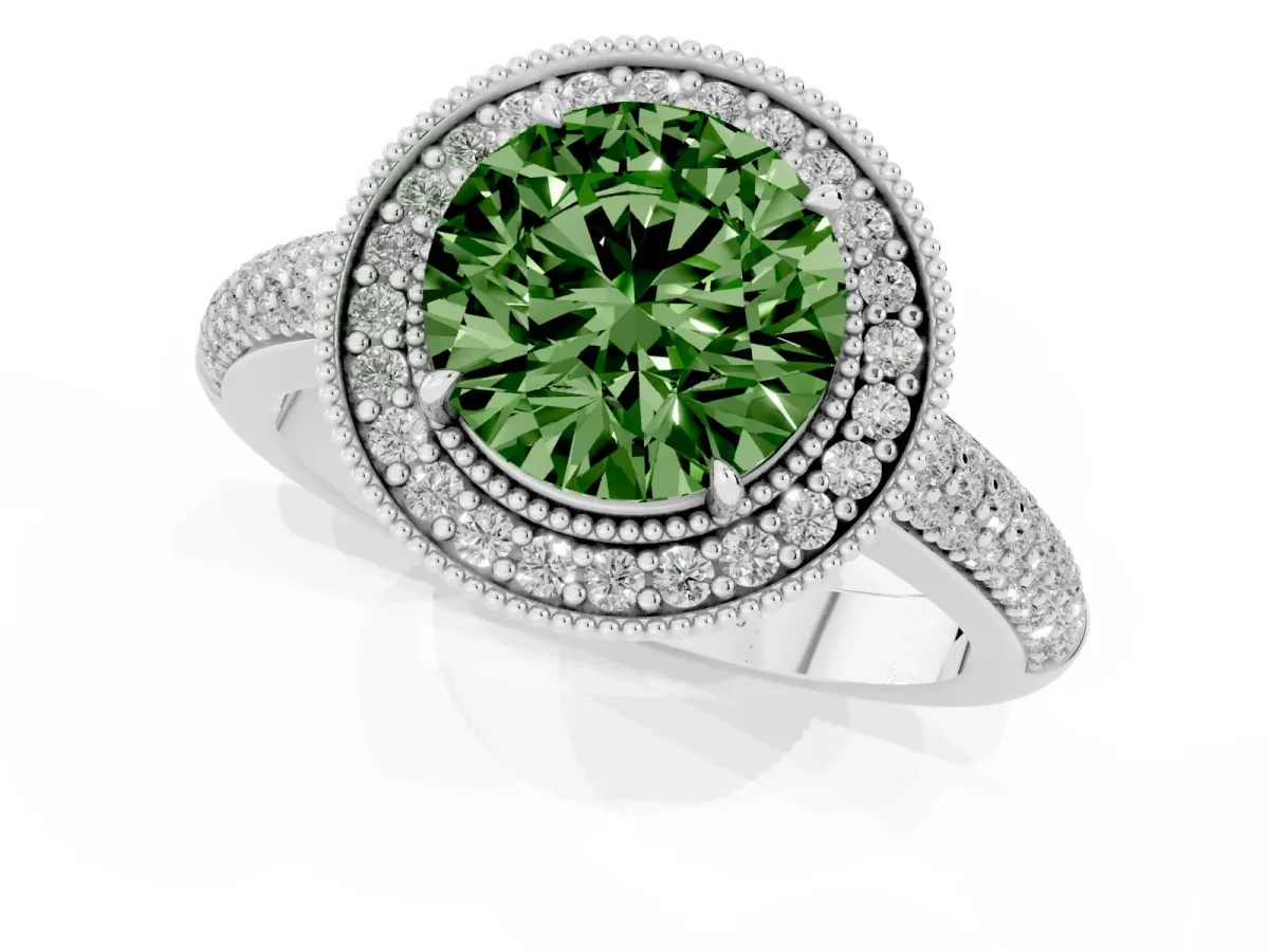 Fancy Green Round Cut Cut Halo Diamond Pave Band with Four-Prong Setting Platinum